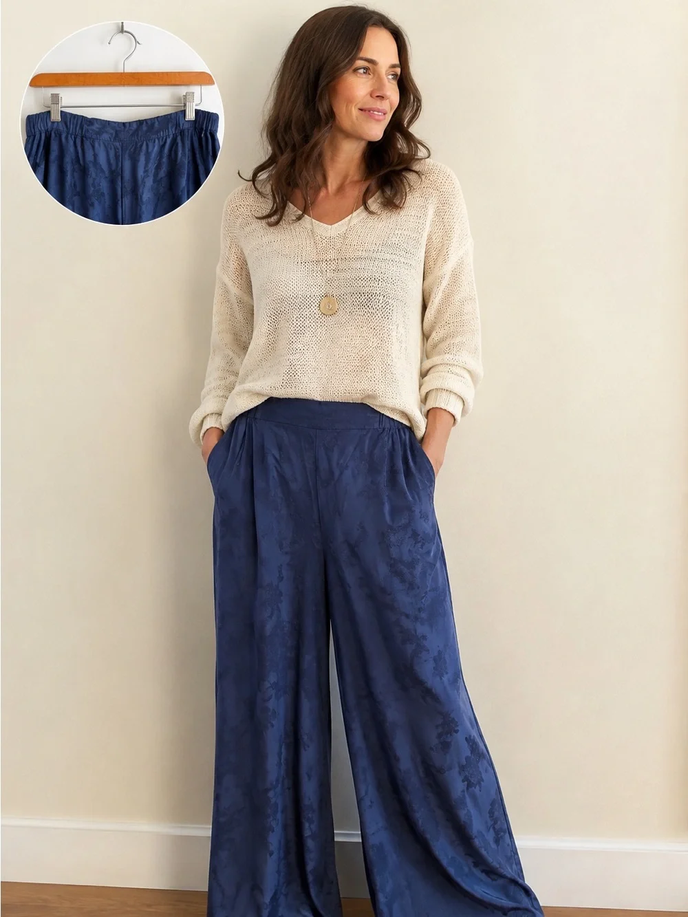 CP Shades Vintage 100% Rayon Floral Jacquard Wide Leg Pants Blue Sz L Made USA